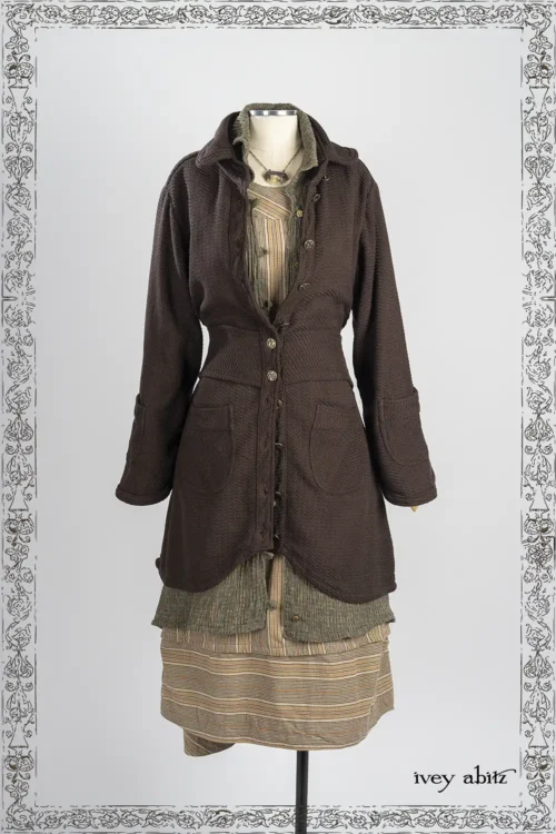 Morris Coat in Oak Wicker Woven Weave; Wright Shirt Jacket in Joyful Green Crinkled Washed Weave; Oceana Frock in Lifetime Washed Plaid Twill; Heirloom Necklace.