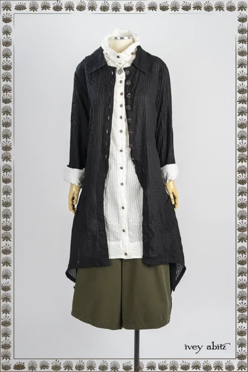 Elsie Duster Coat in Iron Pin Tucked Voile; Vanetten Shirt in Everyday Pin Tucked Voile; Traipse Trousers in Joyful Green Washed Twill - Reversible to Copper Washed Plaid Twill.