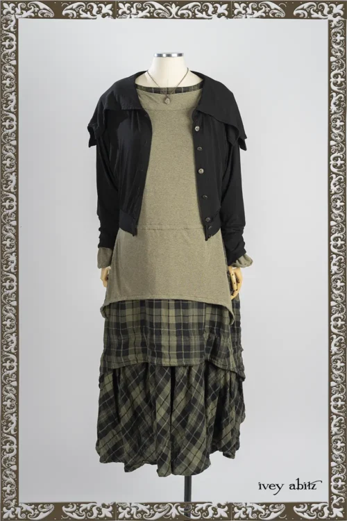 Cossart Top in Joyful Green Soft and Stretchy Knit; Roycroft Cardigan in Iron Soft and Stretchy Knit; Nouvelle Necklace; Blanchefleur Frock in Pine Green and Iron Washed Plaid.