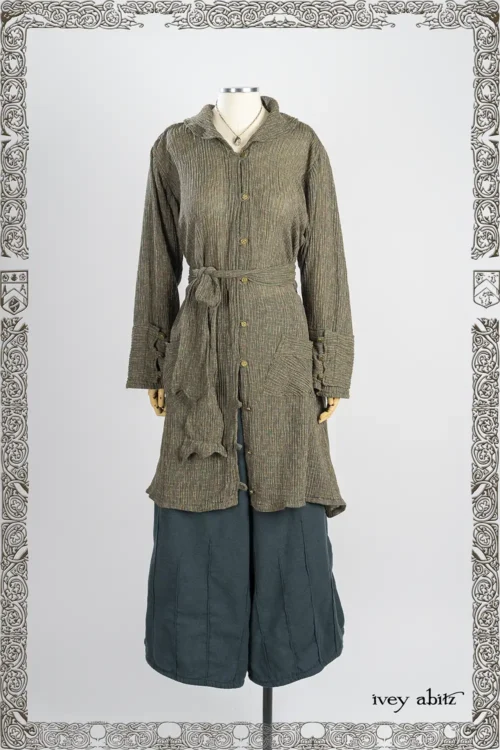 Wright Shirt Jacket in Joyful Green Variegated Crinkled Weave; Nouvelle Necklace; Mercer Trousers in Hopeful Morning Brushed Weave.