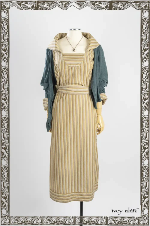 Garrison Dress in New Day Petite Stripe Poplin; Mercer Cardigan in Hopeful Morning Crushed and Washed Knit; Nouvelle Necklace.