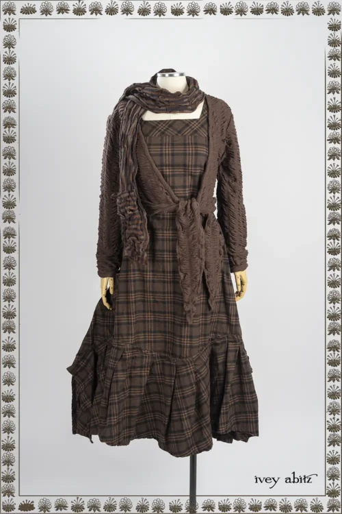 Wright Cardigan in Oak Puckered Knit; Morris Frock in Oak Brushed Plaid Weave; Limbert Scarf in Oak Clever Stripe Knit.