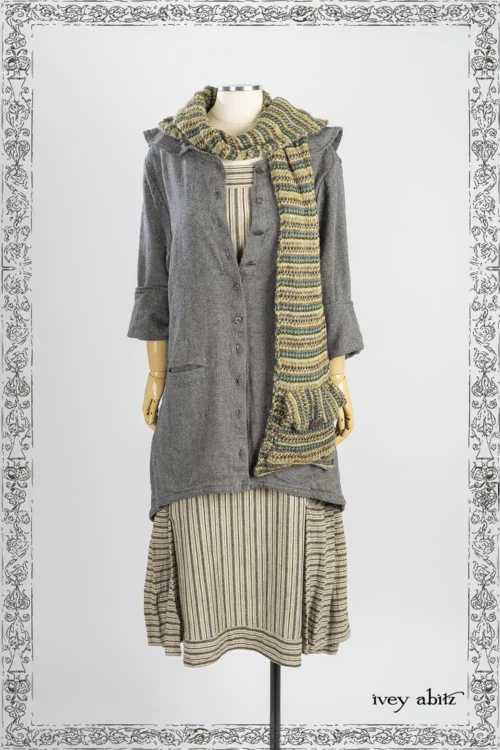 Milton Duster Coat in New Day Pebbled Washed Weave; Limbert Scarf in Mission Fairisle Knit; Roycroft Frock in Iron and Stone Rustic Stripe Weave.