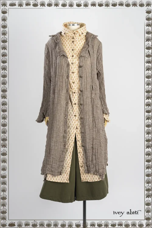 Vanetten Duster Coat in Limbert Brown Crinkled Washed Weave; Cedar Lake Dress Shirt in Heirloom Oak Floral Motif Voile; Traipse Trousers in Joyful Green Washed Twill - Reversible to Copper Washed Plaid Twill.