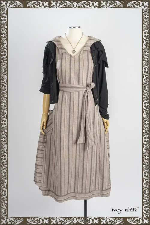 Roycroft Cardigan in Iron Soft and Stretchy Knit; Vanetten Frock in Limbert Brown Embroidered Woven Stripe; Nouvelle Necklace.