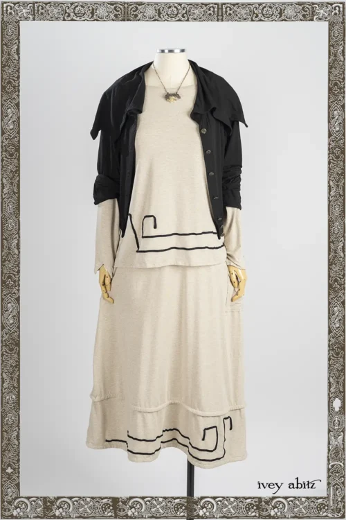 Roycroft Cardigan in Iron Soft and Stretchy Knit; Lounging Shirt in Iron Soft and Stretchy Knit; Lounging Skirt in Iron Soft and Stretchy Knit; Heirloom Necklace.