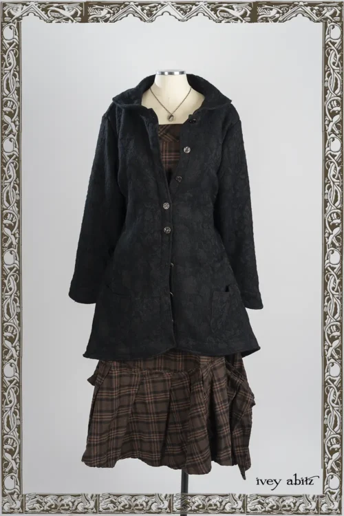 Countryside Coat in Iron Floral Jacquard; Morris Frock in Oak Brushed Plaid Weave; Nouvelle Necklace.