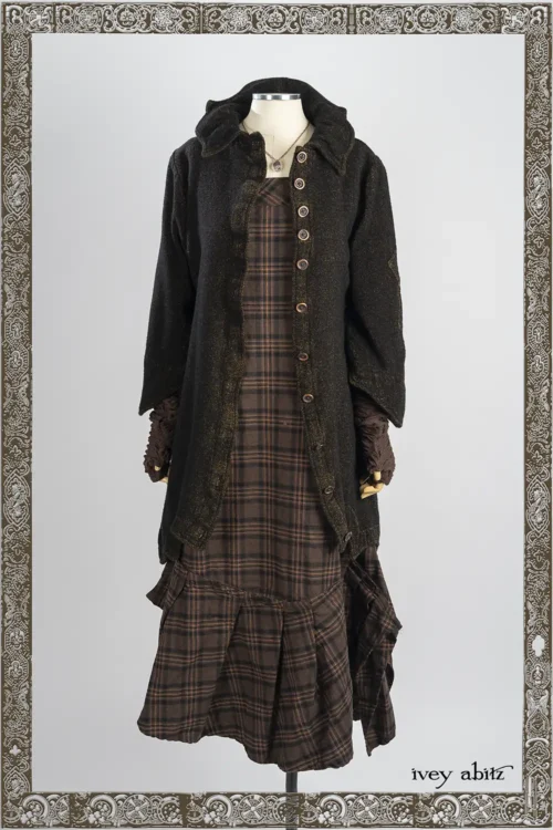 Chittister Shirt Jacket in Ember and Iron Chenille Velvet; Morris Frock in Oak Brushed Plaid Weave; Nouvelle Necklace; Wright Cardigan in Oak Puckered Knit.