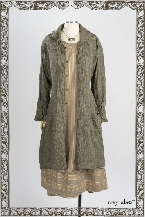 Wright Shirt Jacket in Joyful Green Variegated Crinkled Weave; Oceana Frock in Lifetime Washed Plaid Twill; Heirloom Necklace.