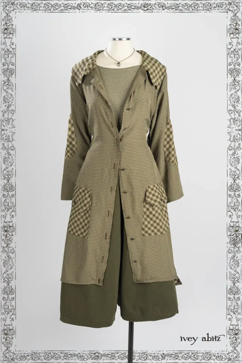 Limbert Duster Coat in Joyful Green Oak Petite Check; Lounging Shirt in Joyful Green Soft and Stretchy Knit; Traipse Trousers in Joyful Green Washed Twill - Reversible to Copper Washed Plaid Twill; Nouvelle Necklace.