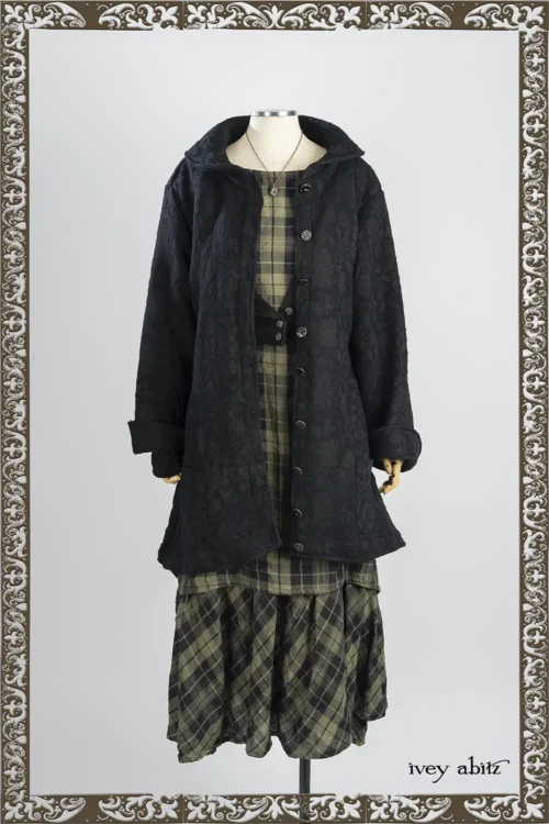 Countryside Coat in Iron Floral Jacquard; Blanchefleur Frock in Pine Green and Iron Washed Plaid; Roycroft Cardigan in Iron Soft and Stretchy Knit; Nouvelle Necklace.