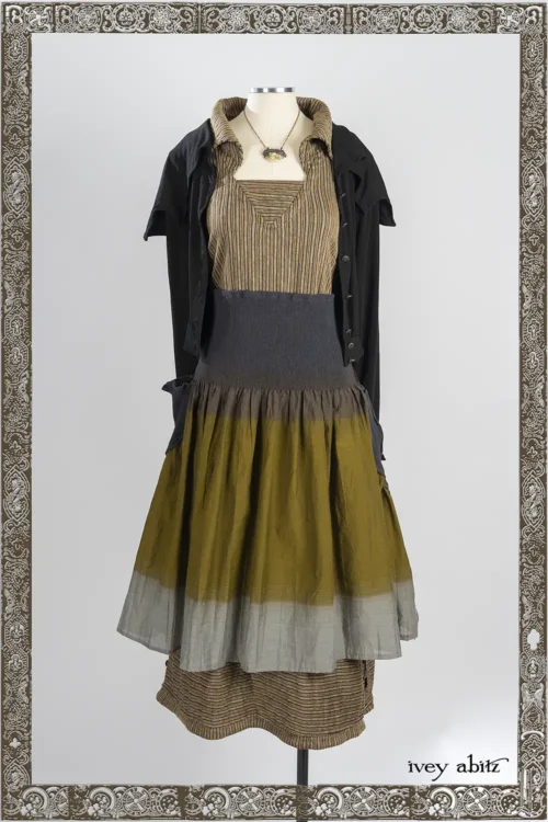 Roycroft Cardigan in Iron Soft and Stretchy Knit; Heirloom Necklace; Viv Frock in Ember and Iron Embroidered Chenille Stripe;