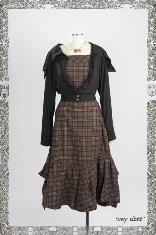 Roycroft Cardigan in Iron Soft and Stretchy Knit; Morris Frock in Oak Brushed Plaid Weave; Heirloom Necklace.