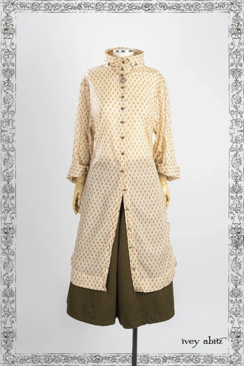 Cedar Lake Dress Shirt in Heirloom Oak Floral Motif Voile; Nouvelle Necklace; Reversible Traipse Trousers in Copper Plaid (Reversible to Joyful Green Twill).