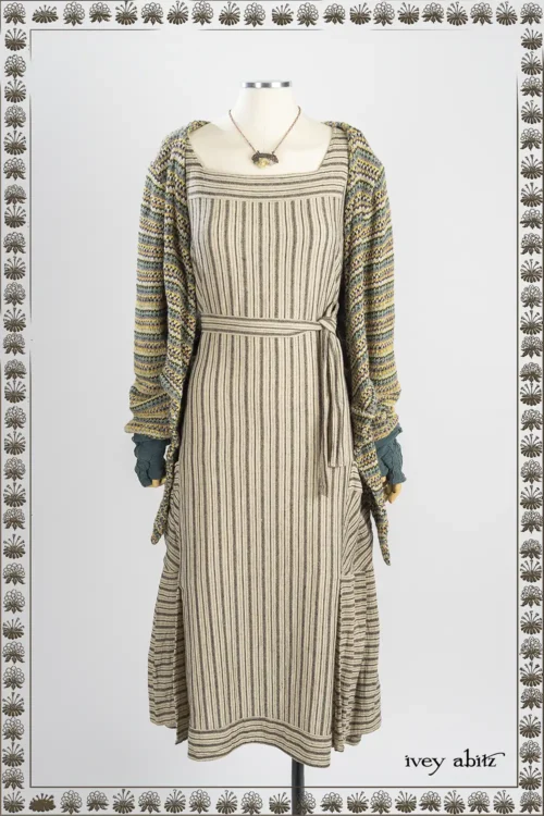 Wright Cardigan in Mission Fairisle Knit; Roycroft Frock in Iron and Stone Rustic Stripe Weave; Lydia Gloves in Hopeful Morning Crushed and Washed Knit; Roycroft Frock in Iron and Stone Rustic Stripe Weave.