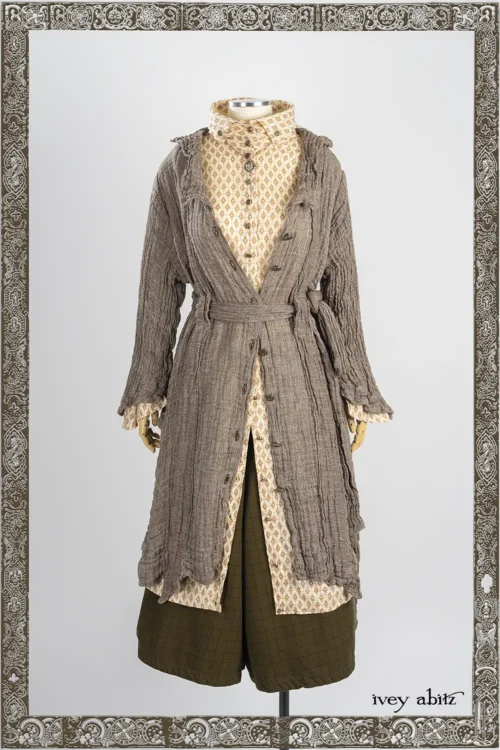 Vanetten Duster Coat in Limbert Brown Crinkled Washed Weave; Cedar Lake Dress Shirt in Heirloom Oak Floral Motif Voile; Nouvelle Necklace; Reversible Traipse Trousers in Copper Plaid (Reversible to Joyful Green Twill).