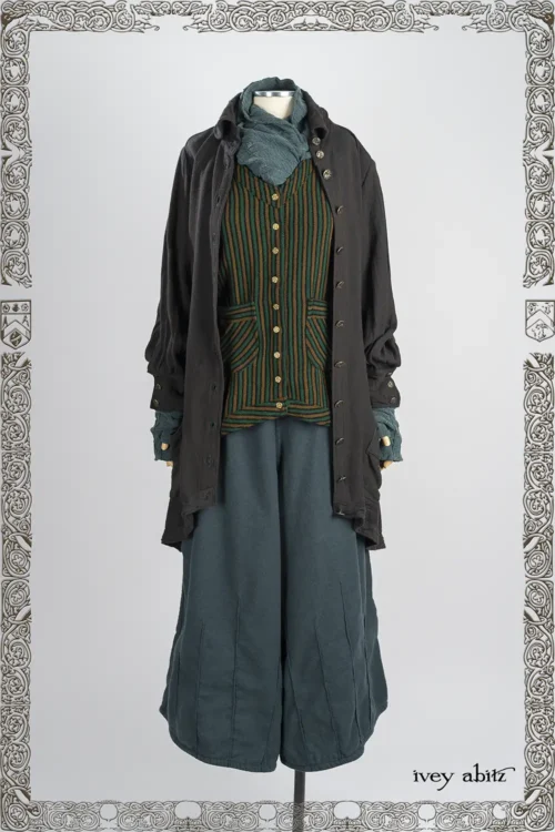 Workaday Shirt Jacket in Pine Green and Oak Raised Stripe Challis; Truitt Vest in Pine Green and Brass Embroidered Stripe; Lydia Neck Warmer and Gloves in Hopeful Morning Crushed Knit; Mercer Trousers in Hopeful Morning Brushed Weave