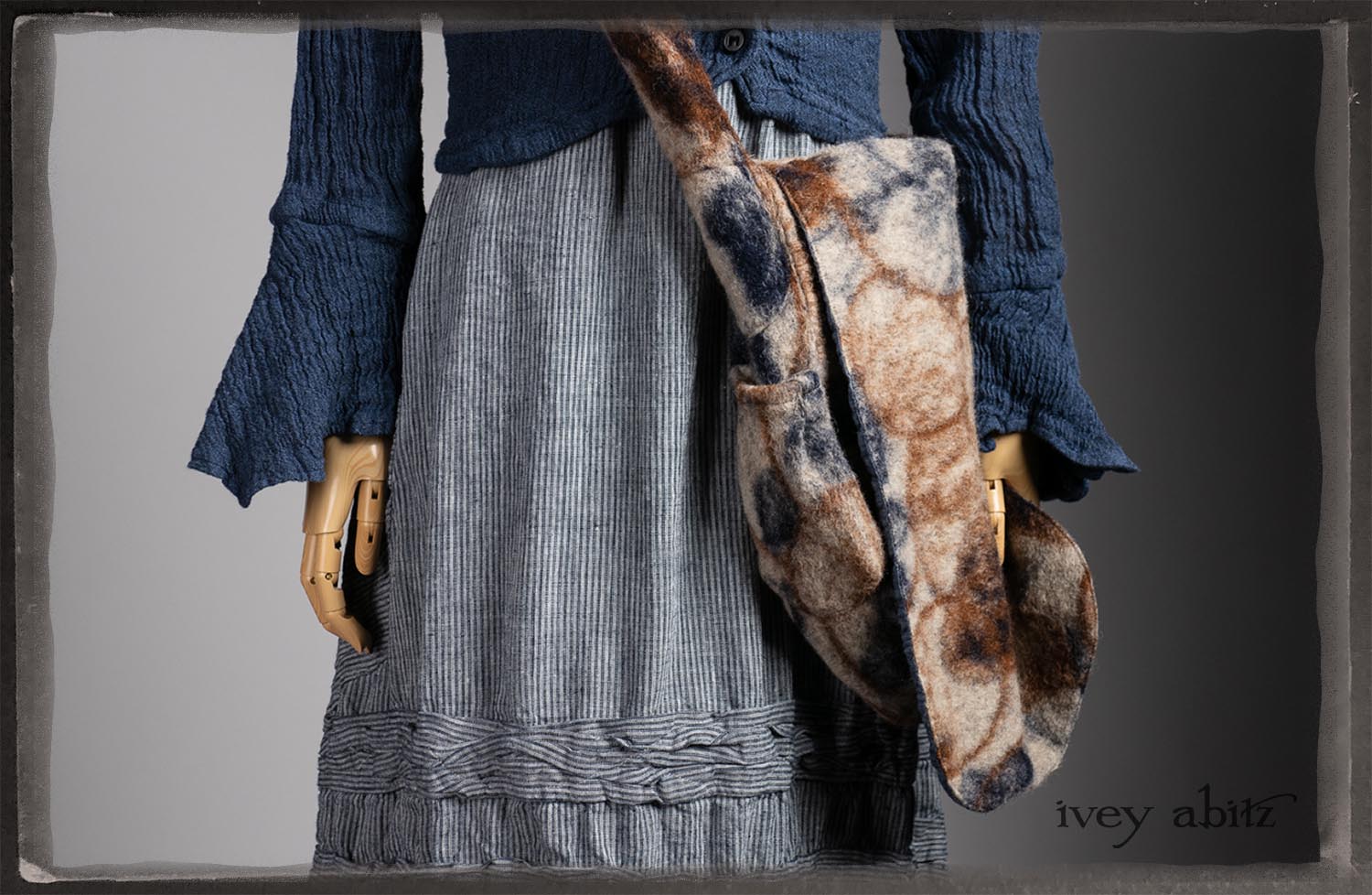 Crest Jacket in Hudson Blue Washed Crinkled Linen; Bertie Frock in Seashore Stripey Stripe; Solomon Bag in Carriage Blanket Wool.