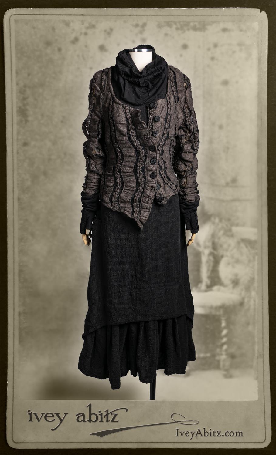 Elliot Jacket in Earthen Floral Wavy Stripe Knit; Lydia Neck Wrap and Gloves in Signature Black Washed Knit; Blanchefleur Frock in Black Puckered Check Weave.