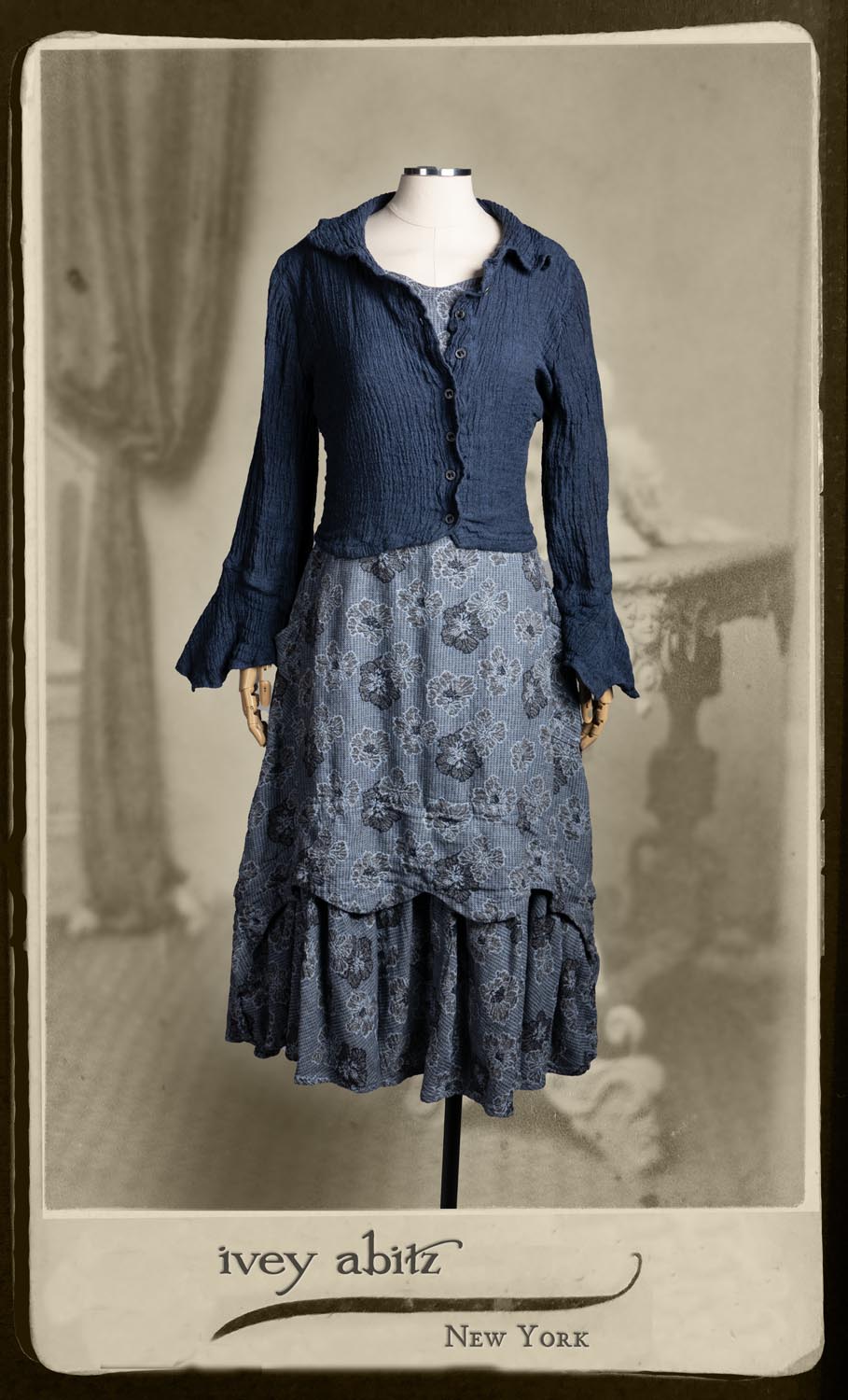 Crest Jacket in Hudson Blue Washed Crinkled Linen; Heraldry Frock in Seascape Floral Weave.