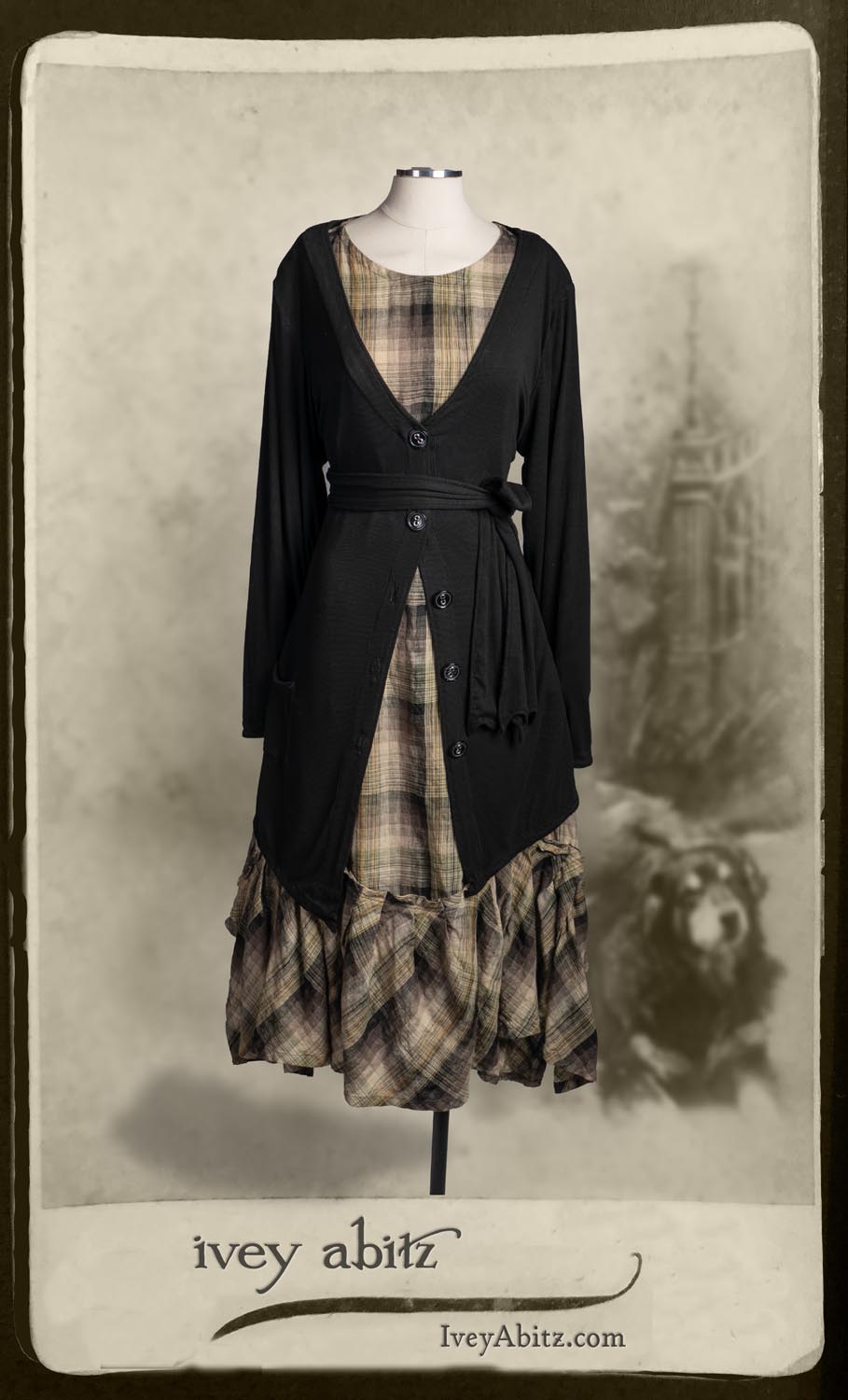 Fairholme Jacket in Unity Soft Ribbed Knit; Fairholme Frock in Garden Plaid Linen.