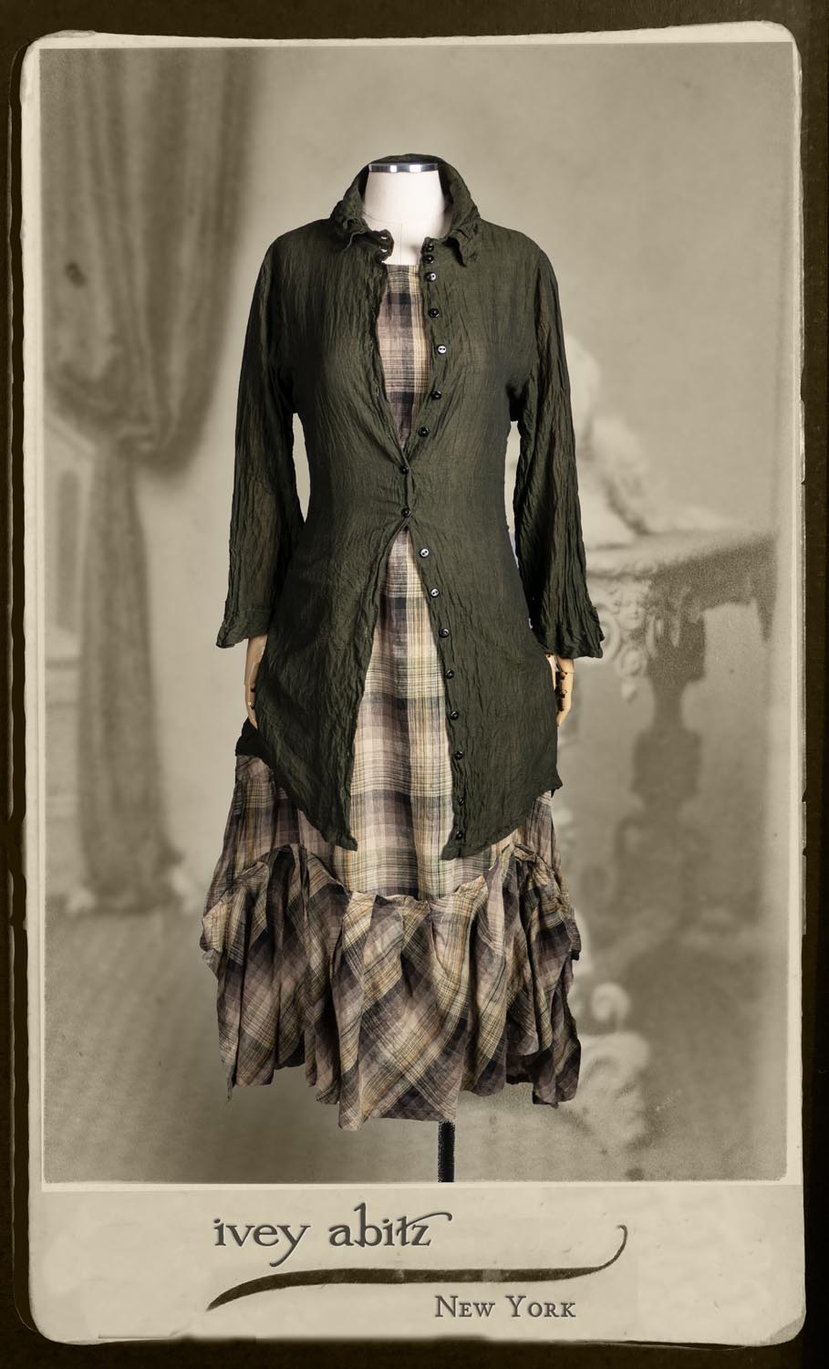 Inglenook Shirt Jacket in Signature Arthurian Green Washed Voile; Fairholme Frock in Garden Plaid Linen.