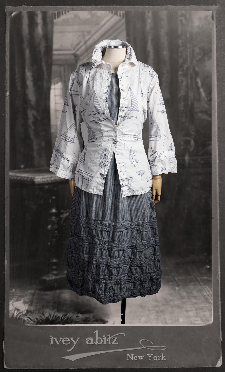 Tollie Shirt in National Seashore Sail Cotton; Bertie Frock in Seashore Stripey Stripe.