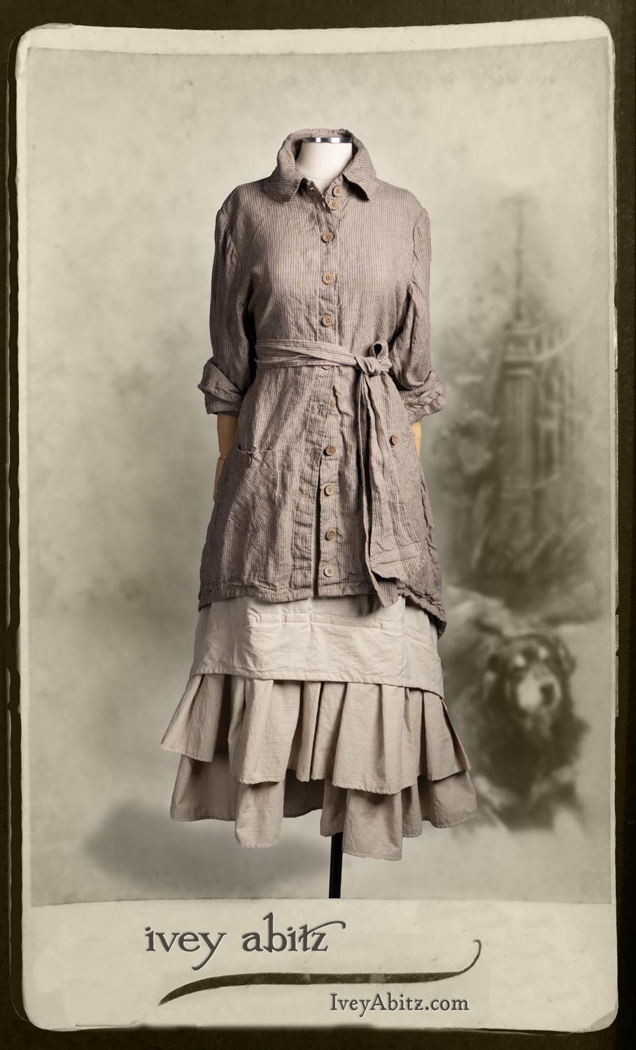 Amorette Shirt Jacket in Earthen Washed Stripe Linen; Everett Skirt in Uptown Raised Stripe Weave.