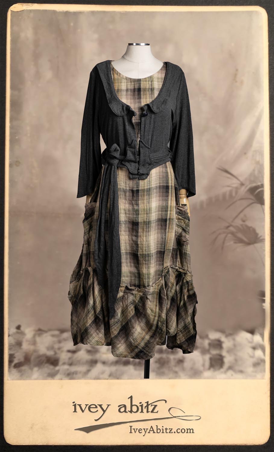 Ans Jacket in Wolfie Grey Soft Ribbed Knit; Fairholme Frock in Garden Plaid Linen.