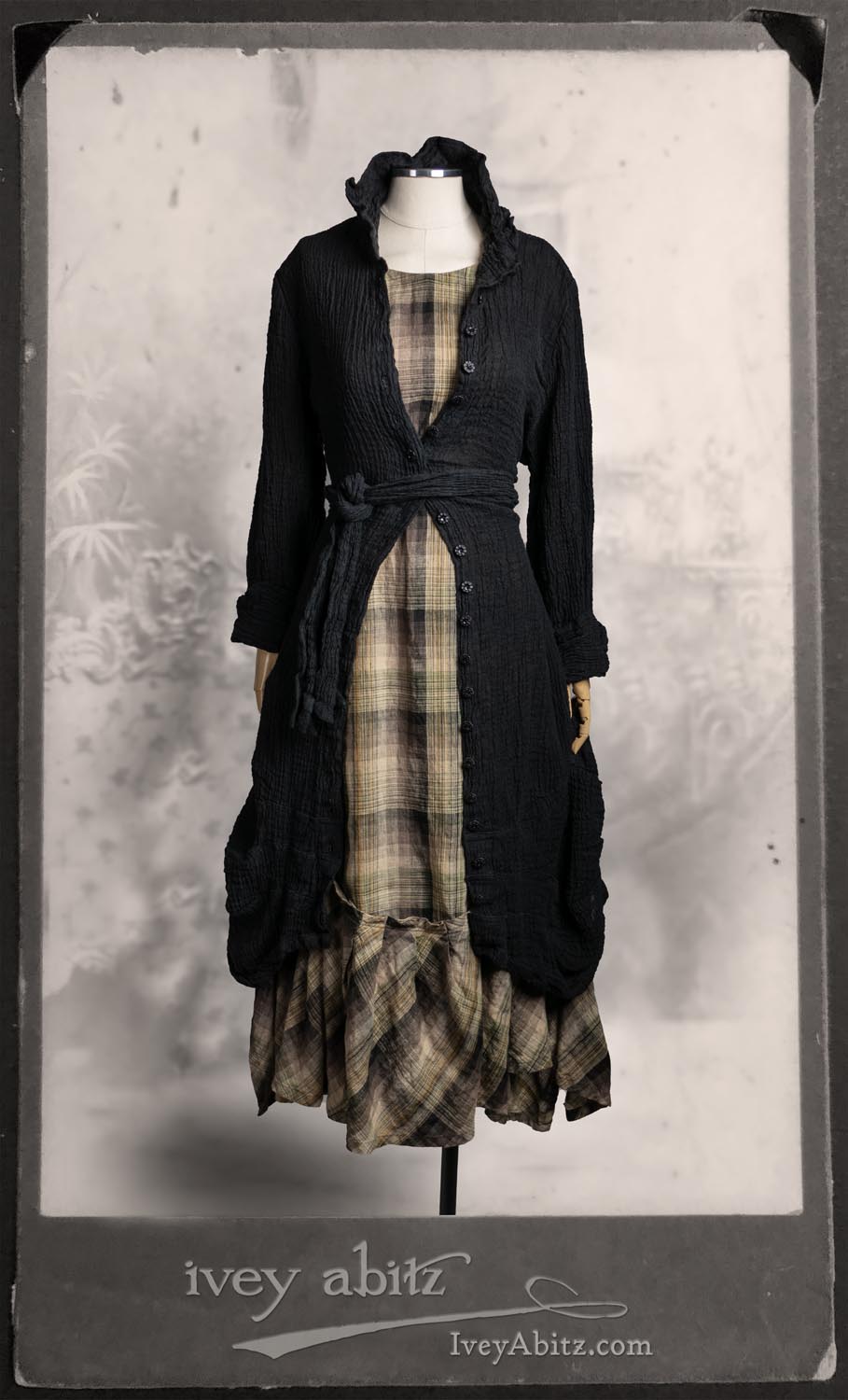 Scattergood Duster Coat in Black Washed Crinkled Linen; Fairholme Frock in Garden Plaid Linen.