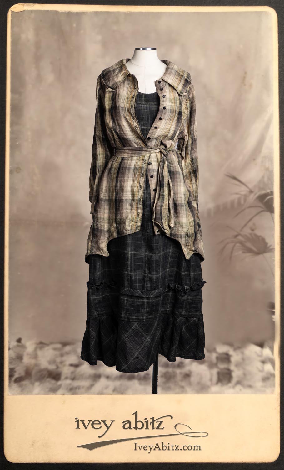 Chittister Shirt Jacket in Garden Plaid Linen; Hudson Frock in Unity Plaid Linen.