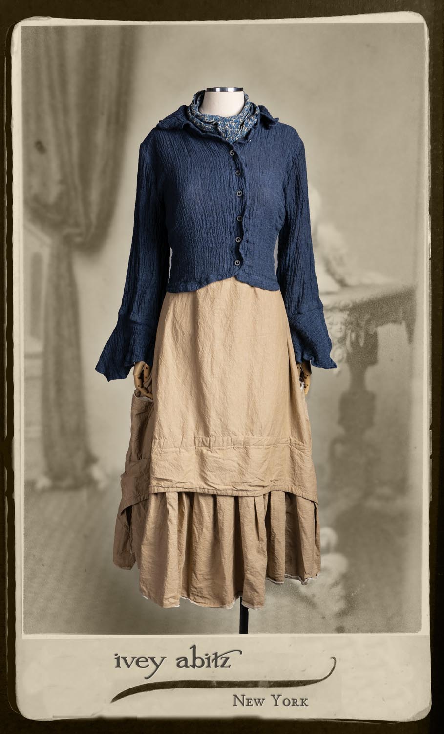 Crest Jacket in Hudson Blue Washed Crinkled Linen; Blanchefleur Frock in Sun and Sand Washed Stripe; Fairholme Sash in Horizon Crinkled Silk Chiffon.