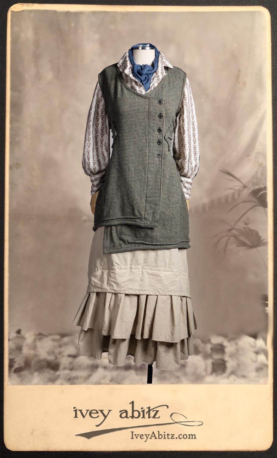 Truitt Shirt in Dignity Washed Vine Silk; Clotaire Sash in Express Line Crinkled Weave; Everett Skirt in Uptown Raised Stripe Weave.