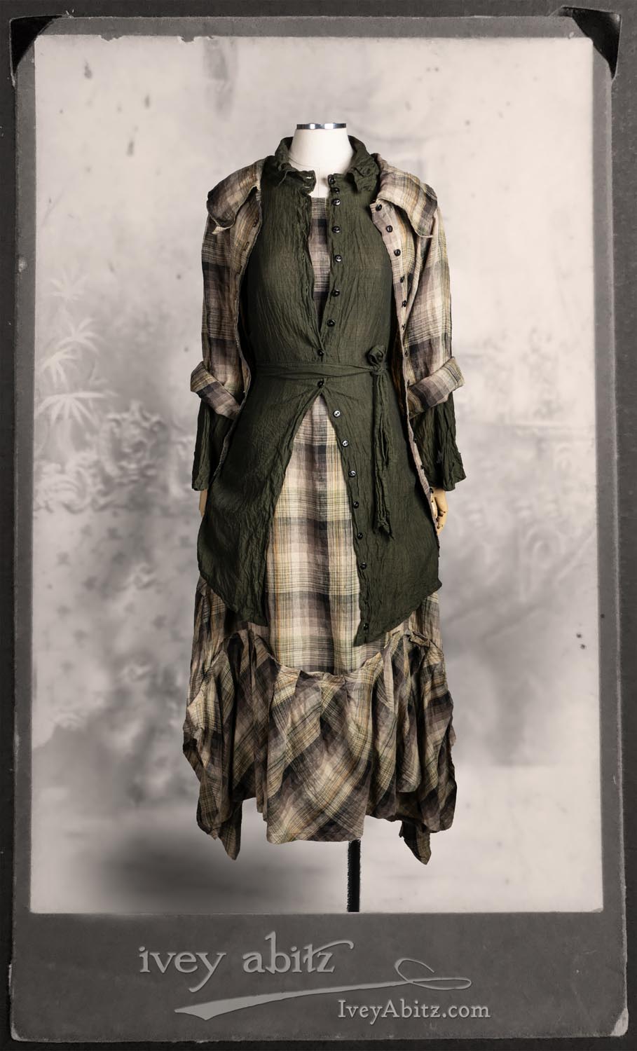 Inglenook Shirt Jacket in Signature Arthurian Green Washed Voile; Fairholme Frock in Garden Plaid Linen; Chittister Shirt Jacket in Garden Plaid Linen.