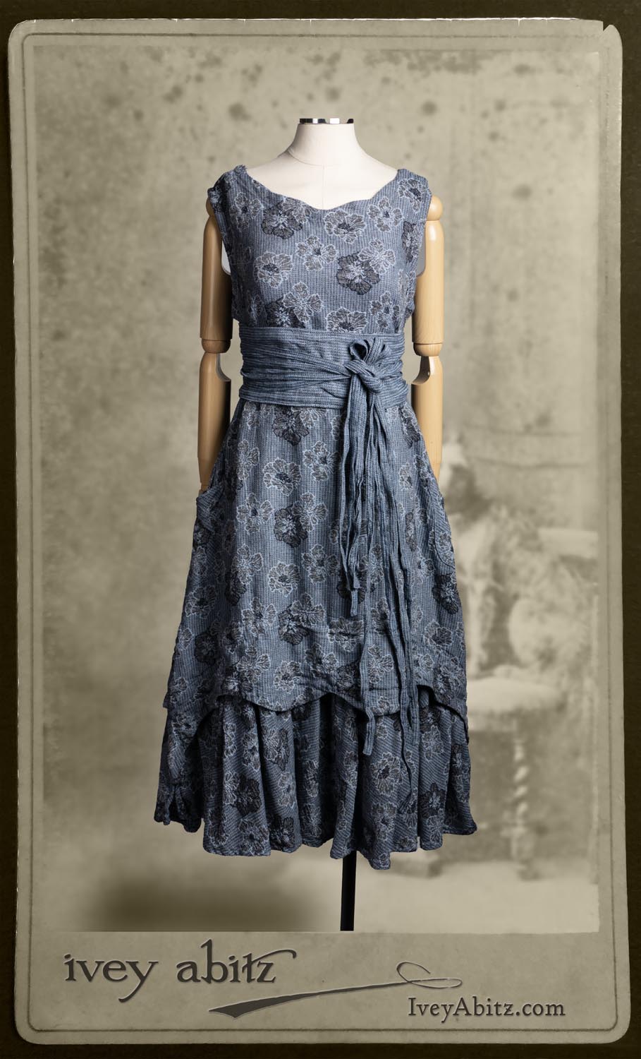 Heraldry Frock in Seascape Floral Weave; Porte Cochere Sash in Estuary Herringbone Weave.