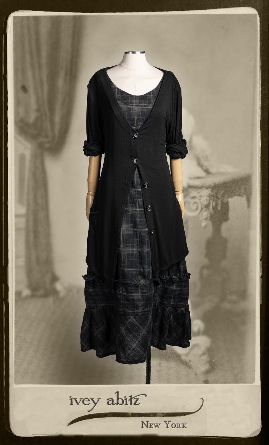 Fairholme Jacket in Unity Soft Ribbed Knit; Hudson Frock in Unity Plaid Linen.