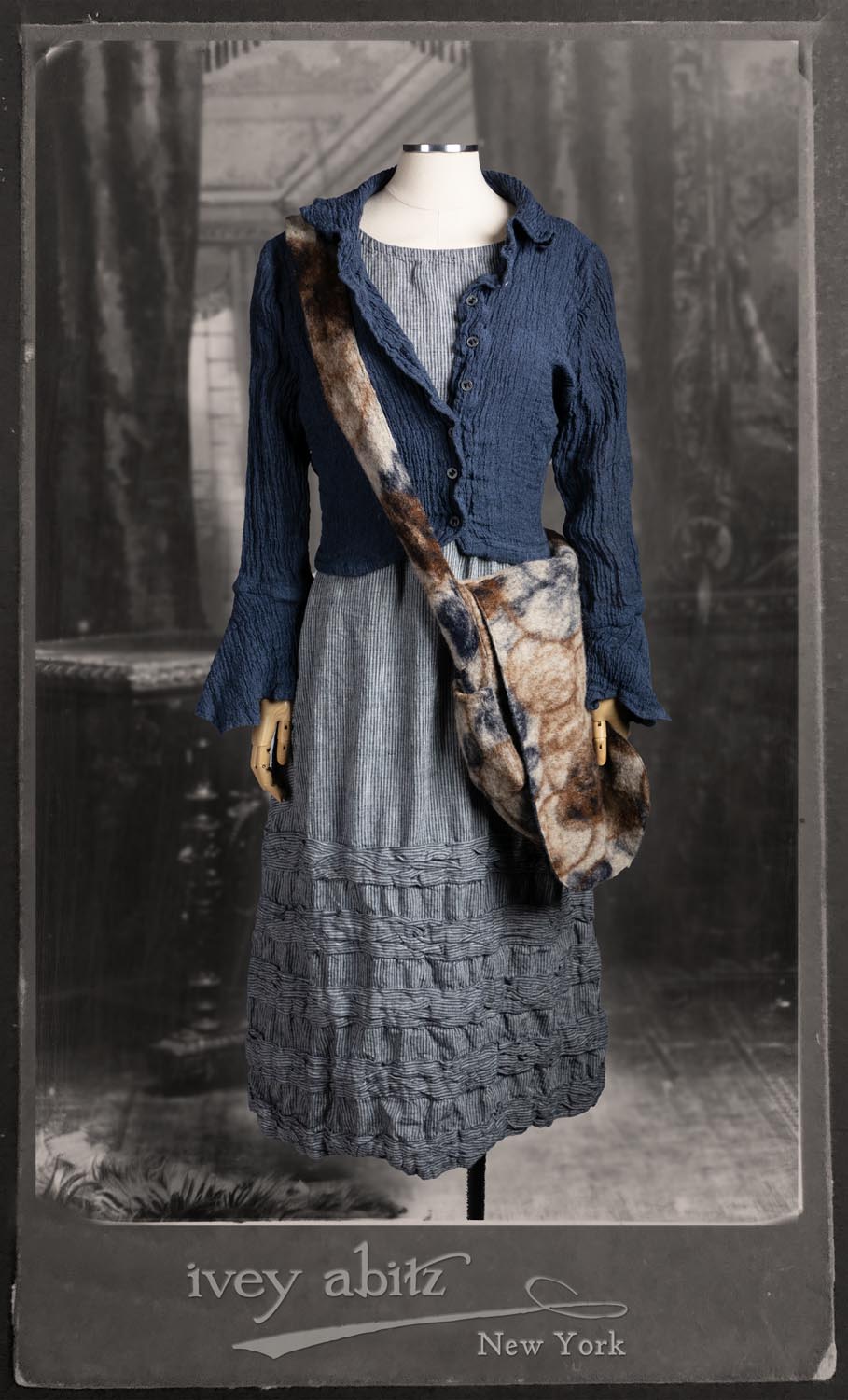 Crest Jacket in Hudson Blue Washed Crinkled Linen; Bertie Frock in Seashore Stripey Stripe; Solomon Bag in Carriage Blanket Wool.