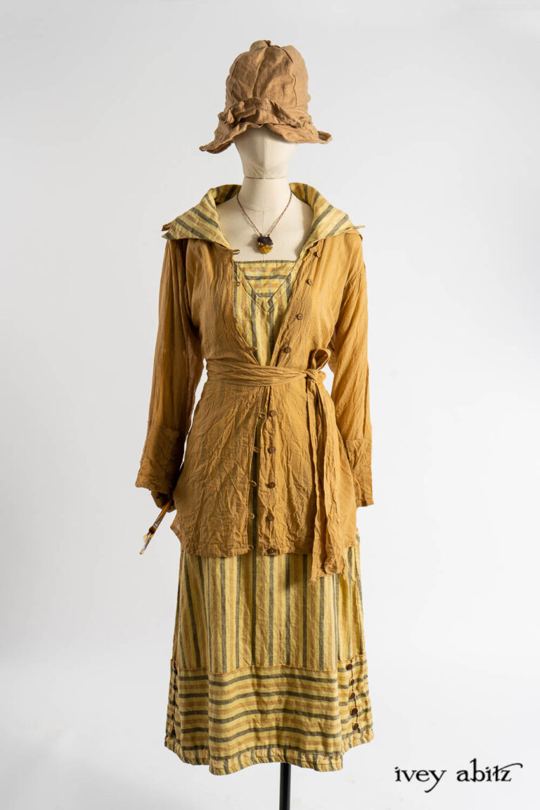 Pierrepont Shirt in Art Nouveau Washed Voile; Viv Frock in Dada Washed Stripe Linen; Hapgood Hat in Art Nouveau Crushed Weave; Renaissance Necklace.