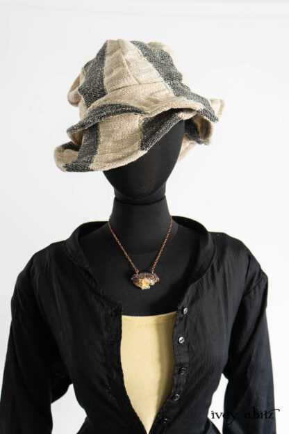 Riverside Duster Coat in Post Modern Petite Stripe Voile; Cilla Camisole in Dada Silkiest Knit; Riverside Skirt in Post Modern Old World Stripe; Hapgood Hat in Post Modern Old World Stripe; Renaissance Necklace.