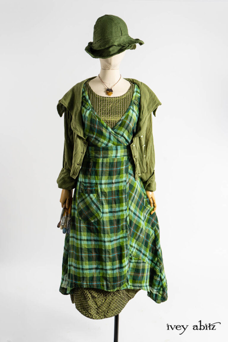 Chomley Frock in Bauhaus Washed Plaid Gauze; Grasmere Frock in Renaissance Embroidered Stripe Washed Silk; Eleanora Jacket in Impressionism Ethereal Silk Cloth; Hapgood Hat in Renaissance Saturated Weave; Renaissance Necklace.