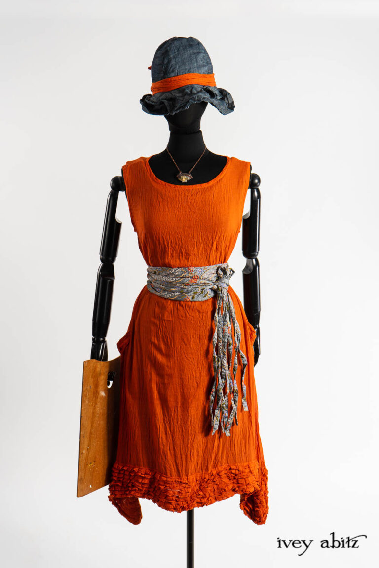 Thatched Frock in Fauvist Washed Voile; Cilla Slip Frock in Dada Silkiest Knit; Porte Cochere Sash in Raphaelite Embroidered Washed Silk; Hapgood Hat in Academic Finest Everyday Weave; Clotaire Sash in Fauvist Washed Voile; Renaissance Necklace.