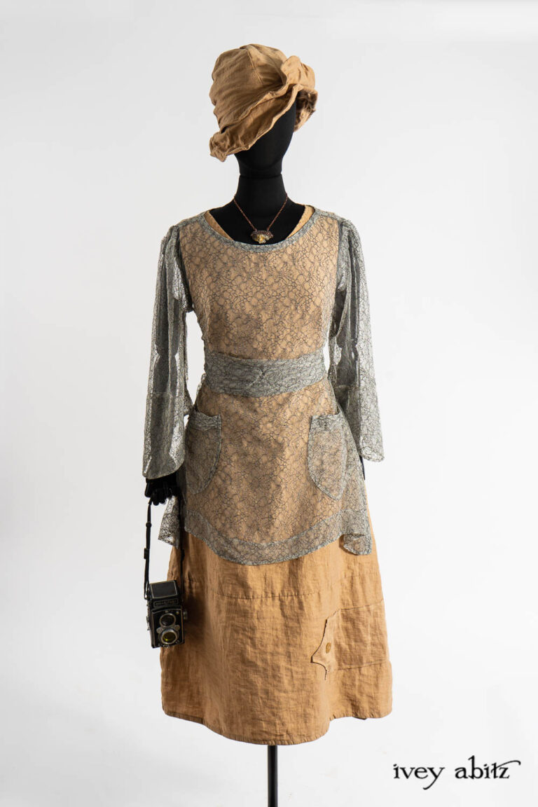 Bramley Dress in Post Modern Floral Lace Netting; Baedeker Frock in Art Nouveau Washed Crushed Weave; Hapgood Hat in Art Nouveau Washed Crushed Weave; Renaissance Necklace.
