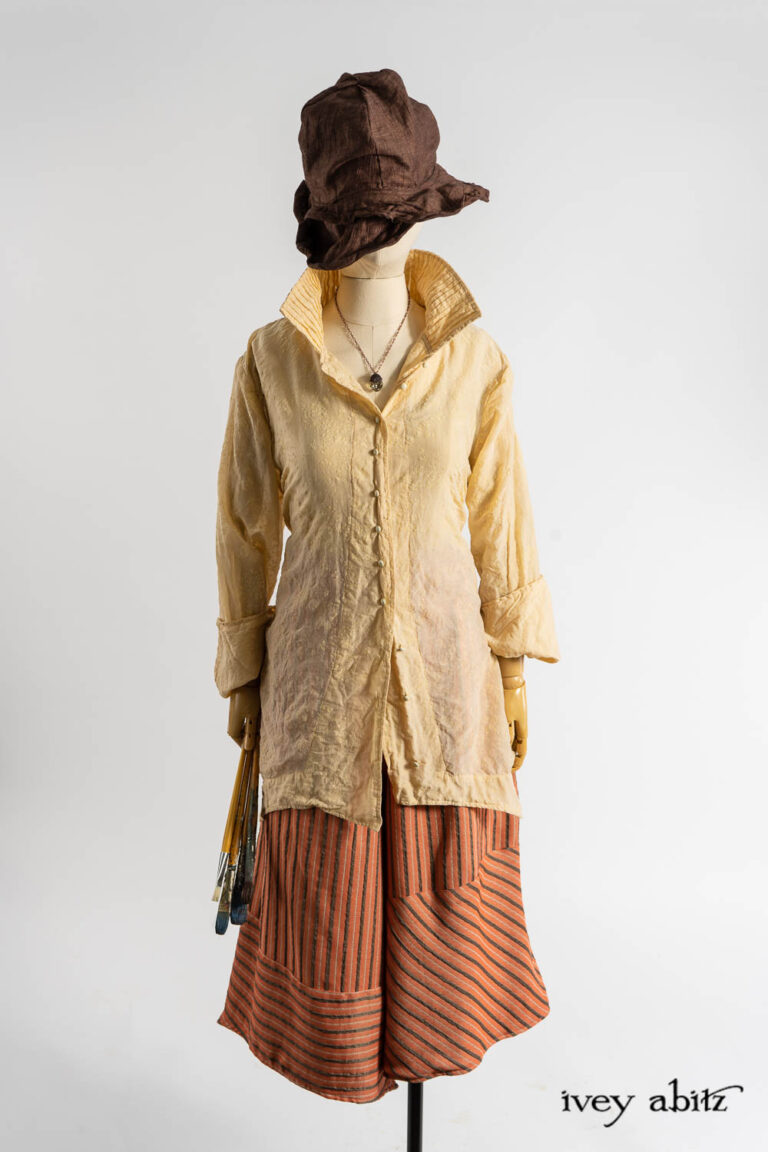 Ellis Shirt in Baroque Flocked Floral Voile; Cilla Camisole in Dada Ethereal Knit; Cossart Culottes in Fauvist Raised Stripe Weave; Hapgood Hat in Realism Crushed Weave; Nouvelle Necklace.