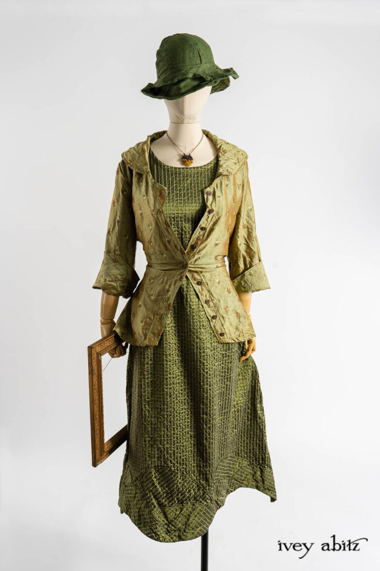 Grasmere Frock in Renaissance Embroidered Stripe Washed Silk; Elmsford Jacket in Renaissance Floral Embroidered Washed Silk; Cilla Slip Frock in Dada Silkiest Knit; Hapgood Hat in Renaissance Saturated Weave; Renaissance Necklace.