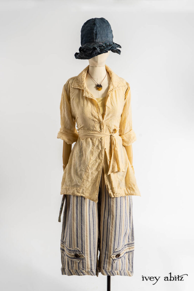 Ellis Shirt in Baroque Flocked Floral Voile; Cilla Camisole in Dada Silkiest Knit; Camilla Trousers in Academic Woven Stripe; Hapgood Hat in Academic Finest Everyday Weave; Renaissance Necklace.
