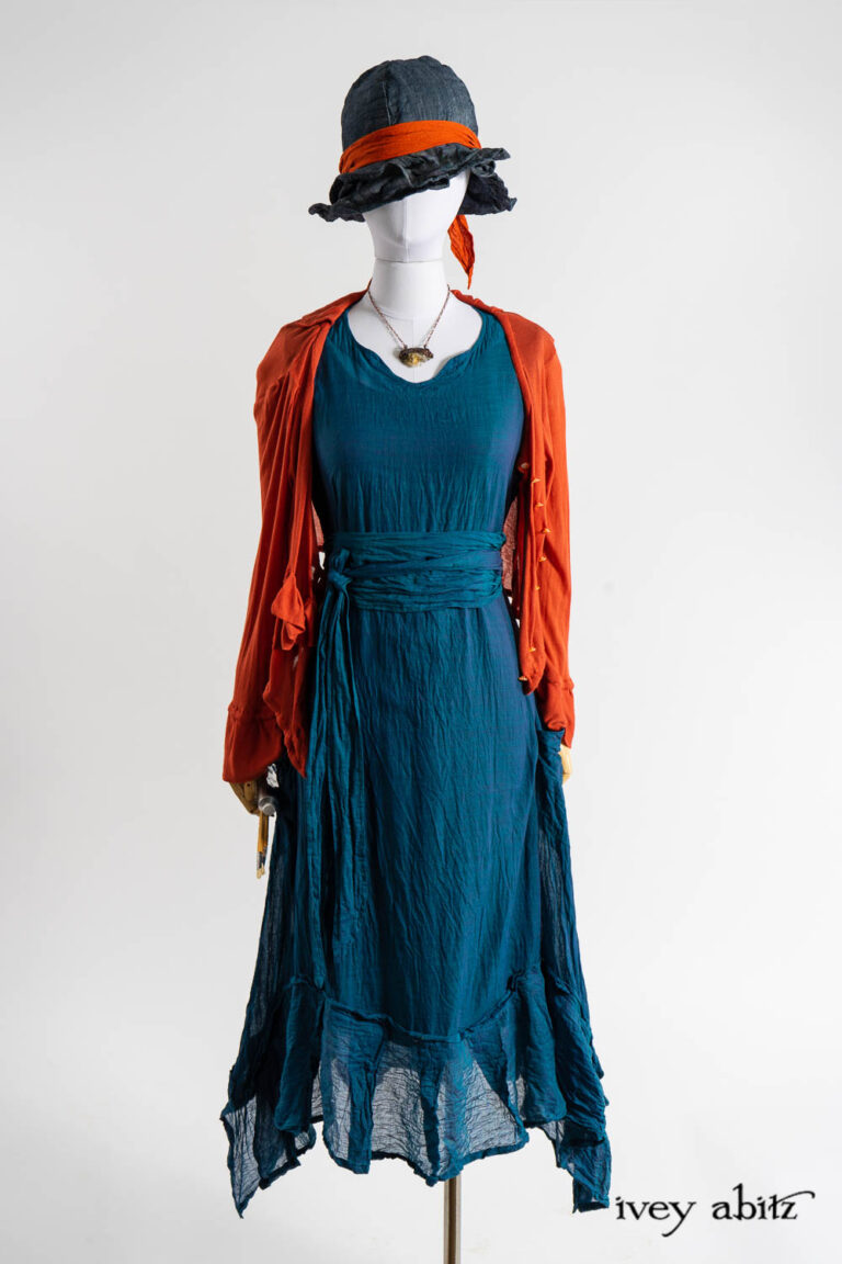 Cozette Jacket in Fauvist Ethereal Knit; Nook Frock in Expressionism Washed Voile; Eleanora Sash in Expressionism Washed Voile; Hapgood Hat in Academic Finest Everyday Weave; Clotaire Sash in Fauvist Washed Voile; Renaissance Necklace; Cilla Slip Frock in Dada Silkiest Knit.