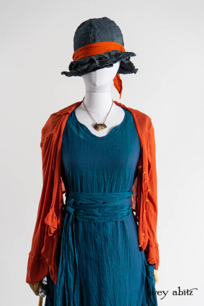 Cozette Jacket in Fauvist Ethereal Knit; Nook Frock in Expressionism Washed Voile; Eleanora Sash in Expressionism Washed Voile; Hapgood Hat in Academic Finest Everyday Weave; Clotaire Sash in Fauvist Washed Voile; Renaissance Necklace; Cilla Slip Frock in Dada Silkiest Knit.