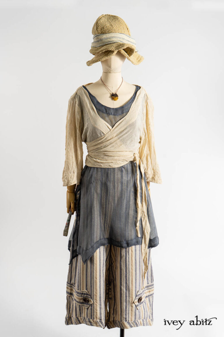 Vallonn&eacute; Jacket in Baroque Crushed Netted Knit; Bedloe Frock in Academic Breezy Weave; Cilla Camisole in Dada Silkiest Knit; Camilla Trousers in Academic Woven Stripe; Hapgood Hat in Ancient Rustic Silk Weave; Clotaire Sash in Academic Rustic Stripe; Renaissance Necklace.
