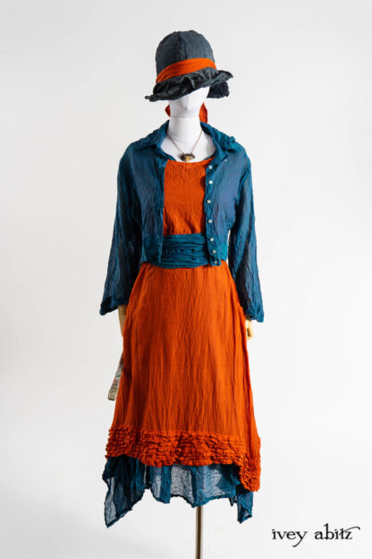 Nook Jacket in Expressionism Washed Voile; Thatched Frock in Fauvist Washed Voile; Eleanora Sash in Expressionism Washed Voile; Inglenook Frock in Expressionism Washed Voile; Hapgood Hat in Academic Finest Everyday Weave; Clotaire Sash in Fauvist Washed Voile; Renaissance Necklace.