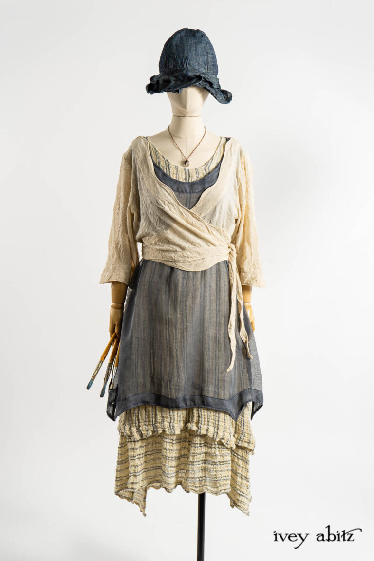 Vallonn&eacute; Jacket in Baroque Crushed Netted Knit; Bedloe Frock in Academic Breezy Weave; Libert&eacute; Frock in Academic Rustic Stripe; Hapgood Hat in Academic Finest Everyday Weave; Nouvelle Necklace.